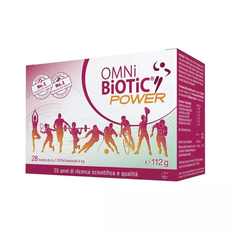 Boîte OMNi-BiOTiC POWER en italien, 28 sachets de 4 g, saveur orange sanguine, badges de la marque n