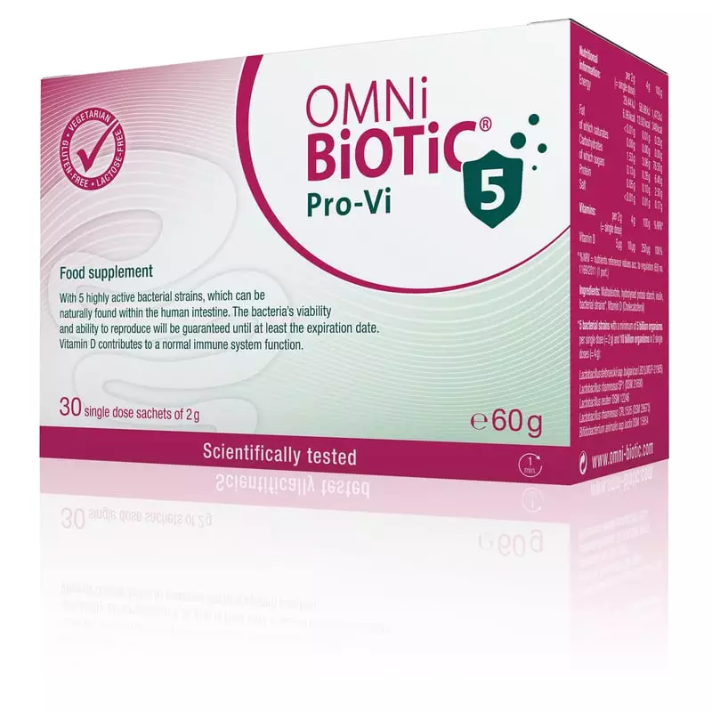 Packshot du complément Omni-Biotic Pro-Vi 5 probiotiques vitamine D x 30 sachets, boîte de 30 sachet