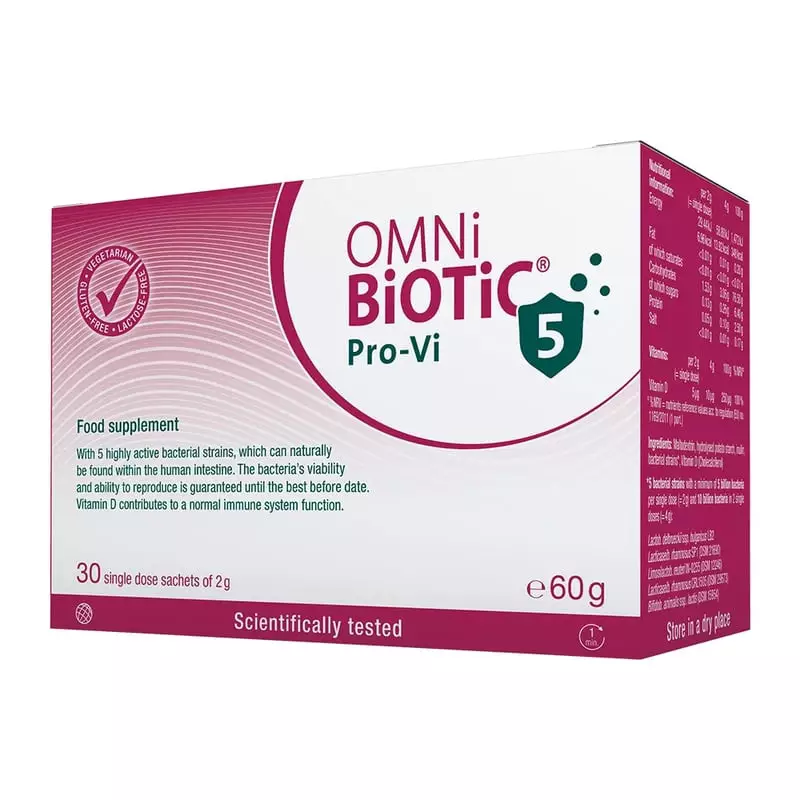 Packshot de la boîte Omni-Biotic Pro-Vi 5 probiotiques vitamine D x 30 sachets, complément immunité 