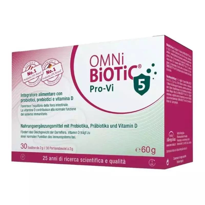 Packshot du complément Omni-Biotic Pro-Vi 5 probiotiques vitamine D x 30 sachets, boîte et sachets.