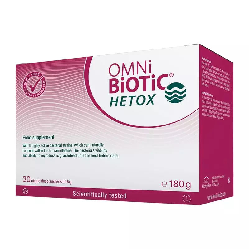 Packshot de la boîte Omni-Biotic HETOX probiotique foie - 30 sachets de 6 g, soutien du foie