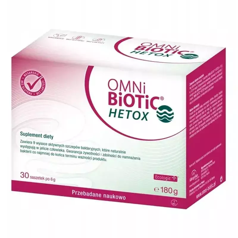 Packshot du probiotique Omni-Biotic HETOX pour le foie, boîte de 30 sachets de 6 g.