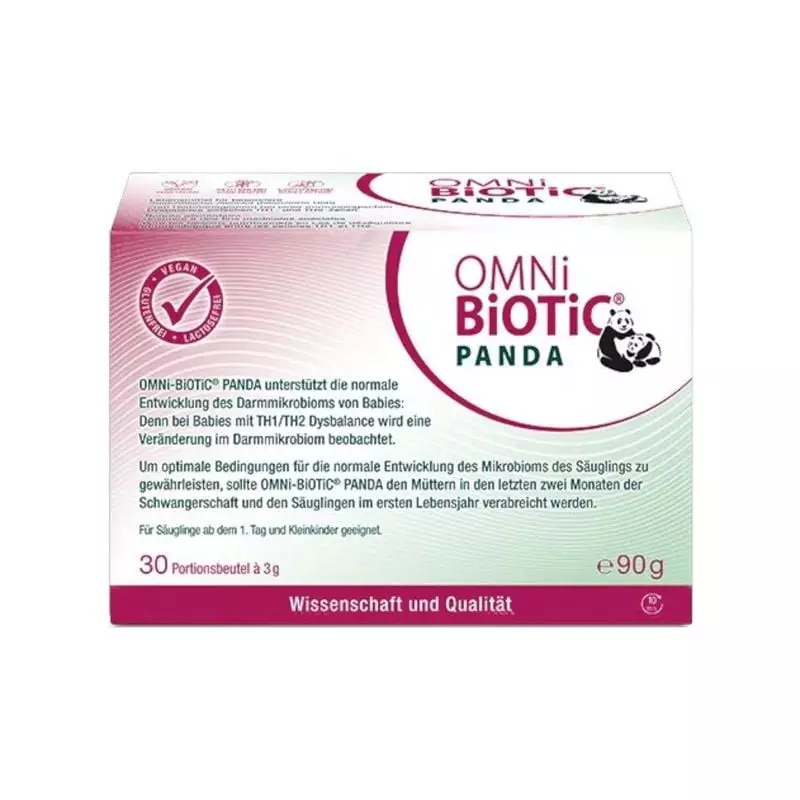 Packshot du complément probiotique Omni-Biotic Panda prénatal et nourrisson, boîte de 30 sachets de 