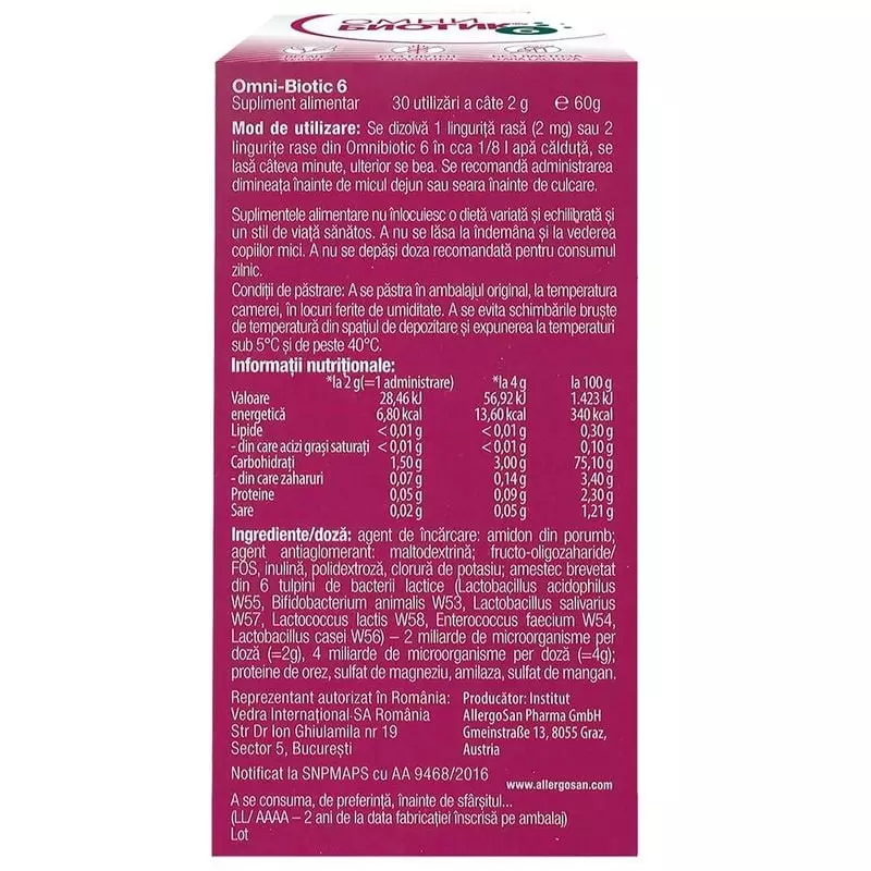 Vue détaillée du sachet Omni-Biotic 6 Synbiotique Poudre - 60 g, 6 souches bactériennes et fibres pr