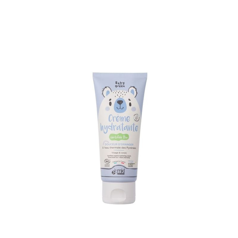 Vue de face du tube de crème hydratante bio 100 ml Baby Green de MKL Green Nature avec motif ours en