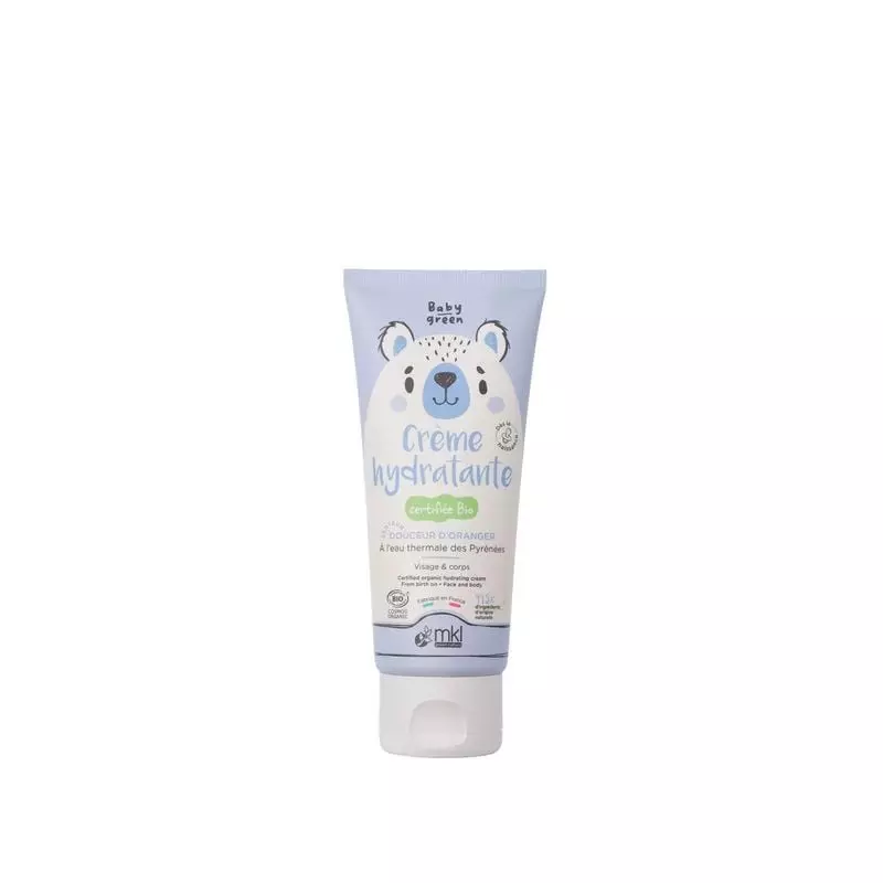 Vue de face du tube de crème hydratante bio 100 ml Baby Green de MKL Green Nature avec motif ours en