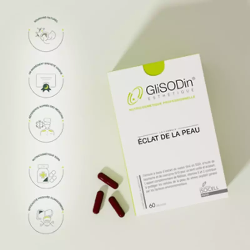 Flacon de Glisodin Éclat de la Peau - 60 gélules sur fond clair, complément alimentaire pour un tein