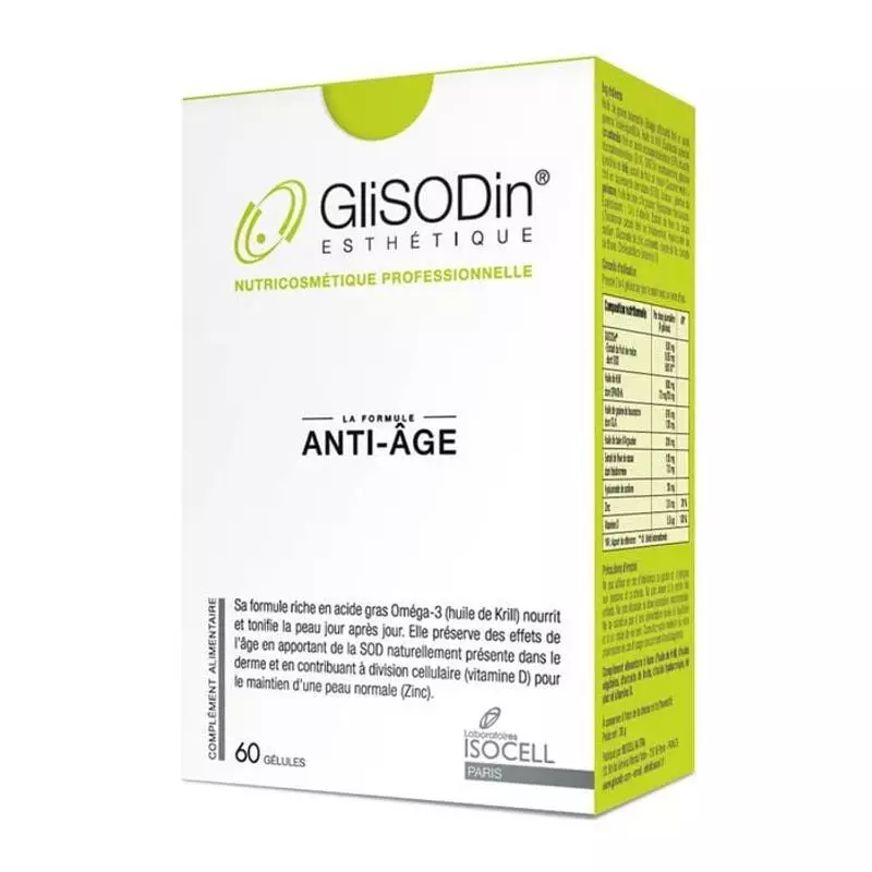 Packshot du complément alimentaire Glisodin Anti-âge 60 gélules, flacon anti-âge à la SOD de melon