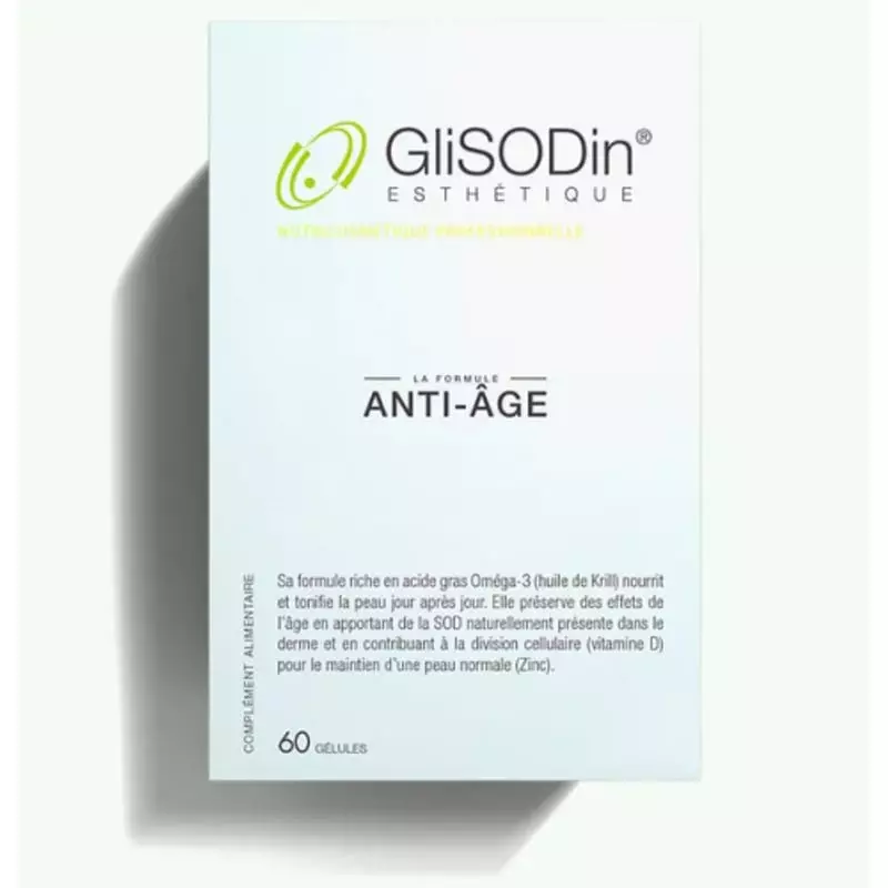 Packshot du complément alimentaire Glisodin Anti-âge 60 gélules pour une peau plus jeune.