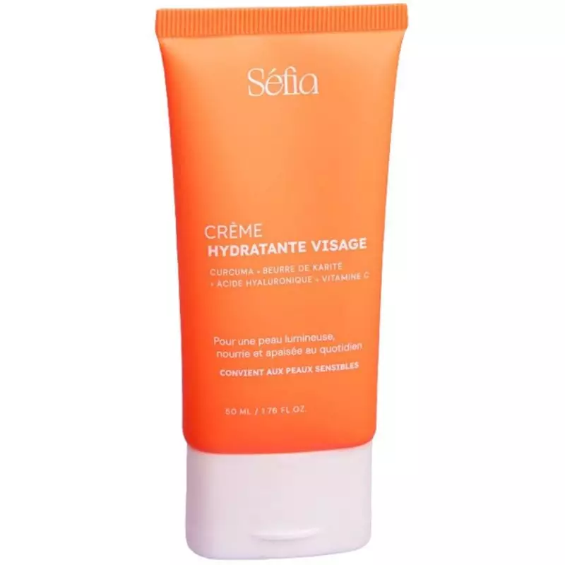 Tube souple orange Séfia Crème Hydratante Visage 50 ml, bouchon blanc, curcuma, karité, vitamine C