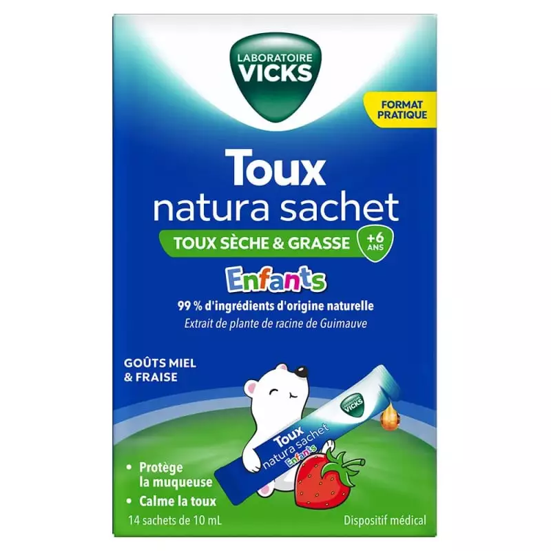 Packshot Vicks Natura Toux Enfants 14 sachets de 10 ml, sirop naturel miel-fraise dès 6 ans