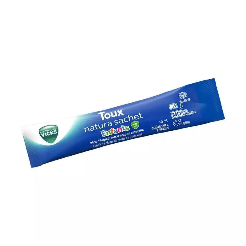Sachet individuel de 10 ml Vicks Natura Toux Enfants arôme miel et fraise, logo Vicks et marquage CE