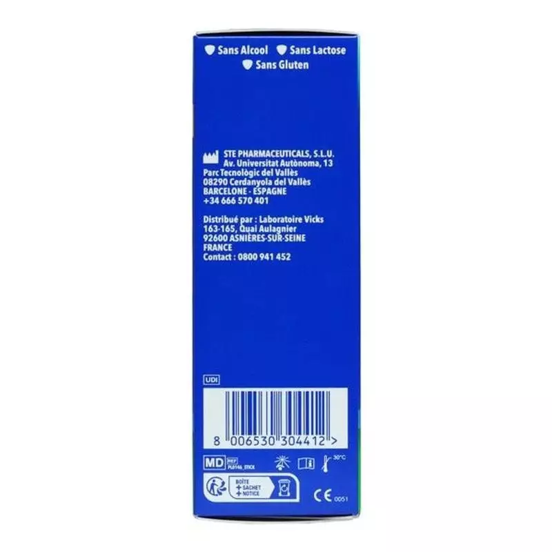 Arrière de la boîte Vicks Natura Toux Enfants : détails fabricant, code-barres, sans alcool, sans la