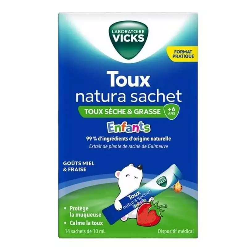 Boîte de Vicks Natura Toux Enfants, sirop en sachets, arôme miel-fraise, dès 6 ans