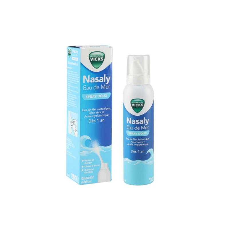 Packshot du Vicks Nasaly spray nasal eau de mer doux 120ml, flacon bleu et blanc.