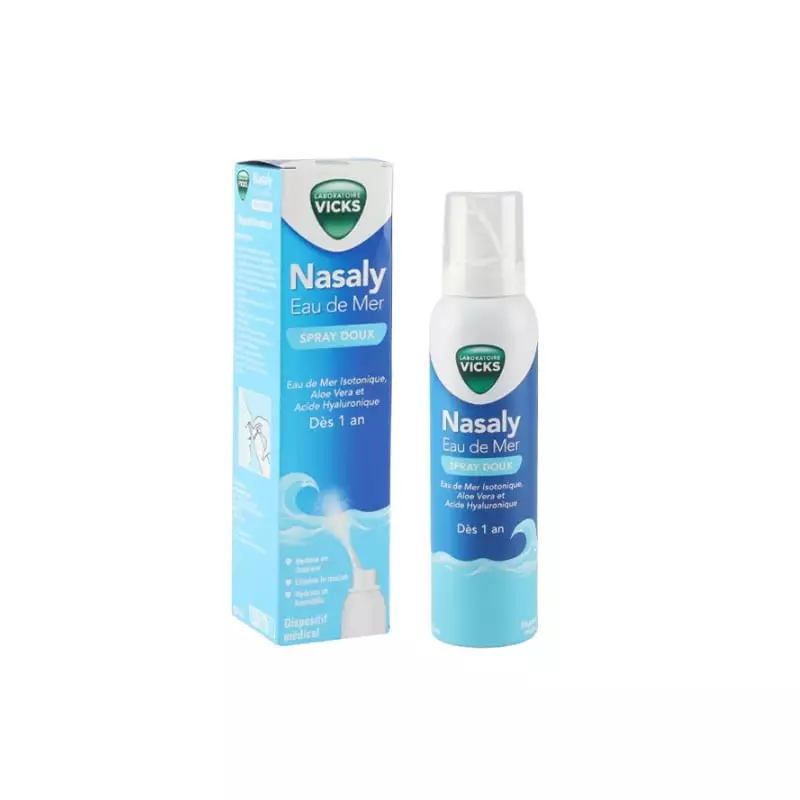 Packshot du Vicks Nasaly spray nasal eau de mer doux 120ml, flacon bleu et blanc.