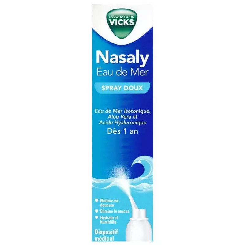 Vue détaillée du flacon Vicks Nasaly spray nasal eau de mer doux 120ml avec son embout pulvérisateur