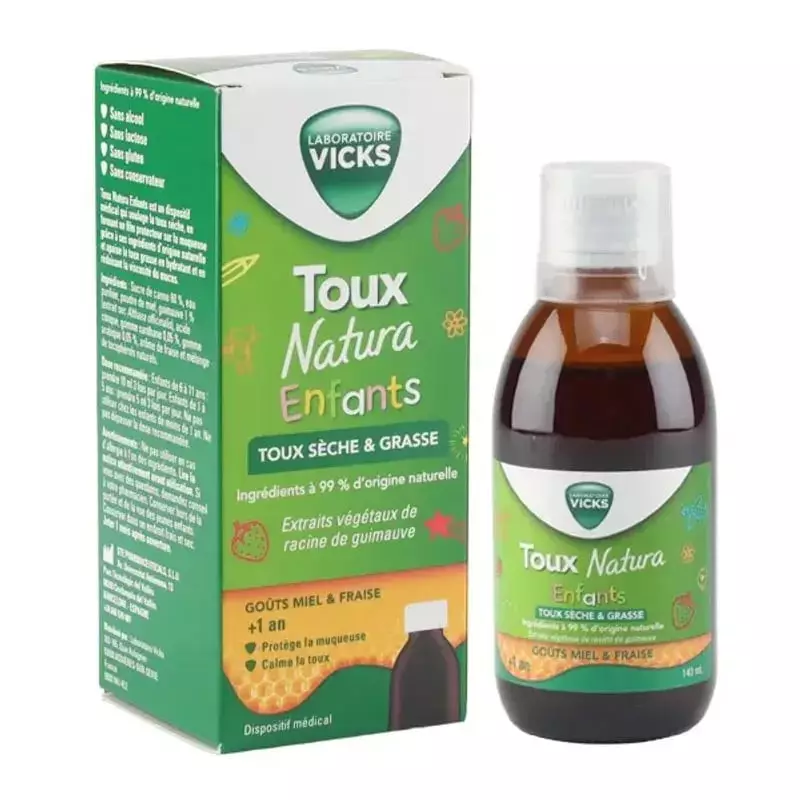 Packshot du sirop toux enfants Vicks Natura 140 ml avec boîte et flacon, arôme miel et fraise