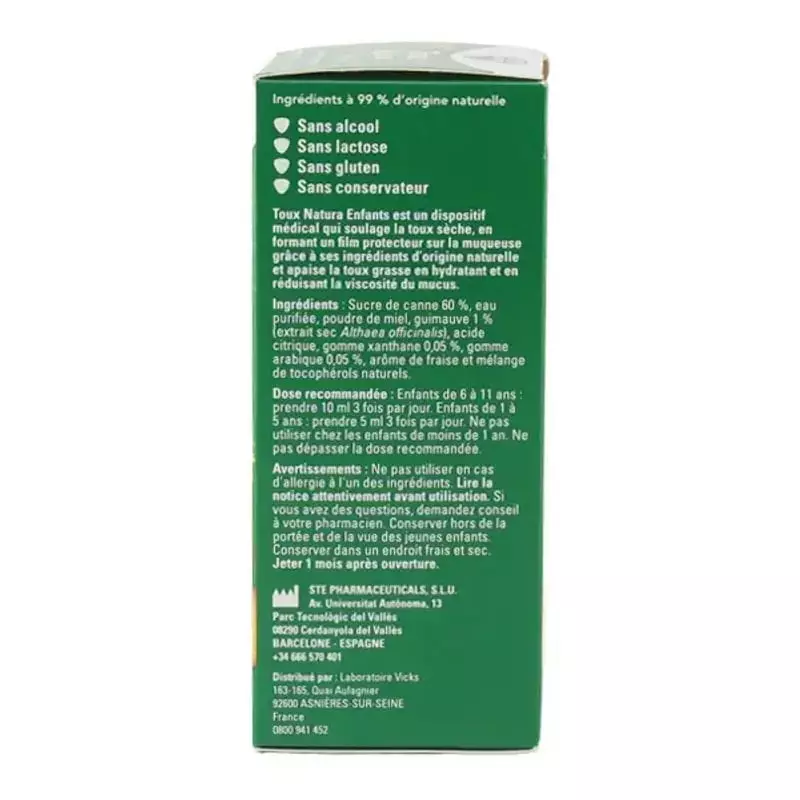 Dos de la boîte de sirop contre la toux Vicks Natura enfants avec ingrédients, posologie et avertiss