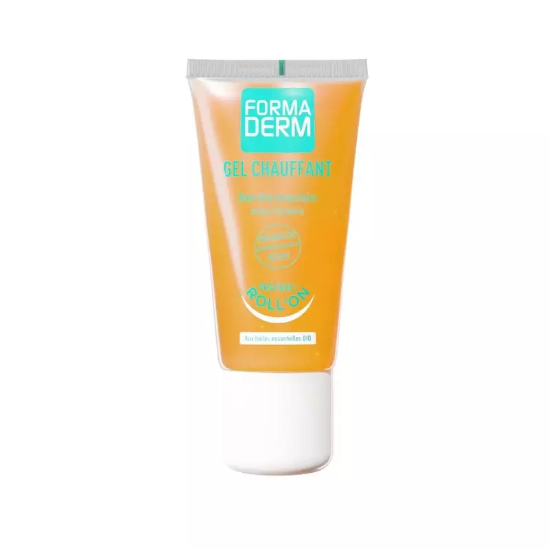 Tube roll-on Formaderm Gel Chauffant 50 ml avec logo bleu canard sur fond blanc, vue de face