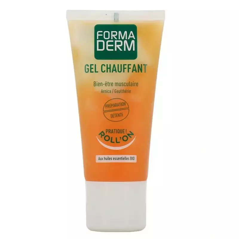 Formaderm Gel Chauffant roll-on tube avec logo vert, packshot produit sur fond blanc