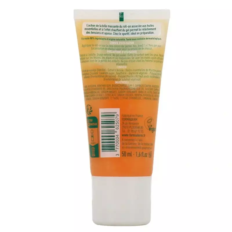 Dos du tube Formaderm Gel Chauffant : conseils d'utilisation, liste des ingrédients et code-barres