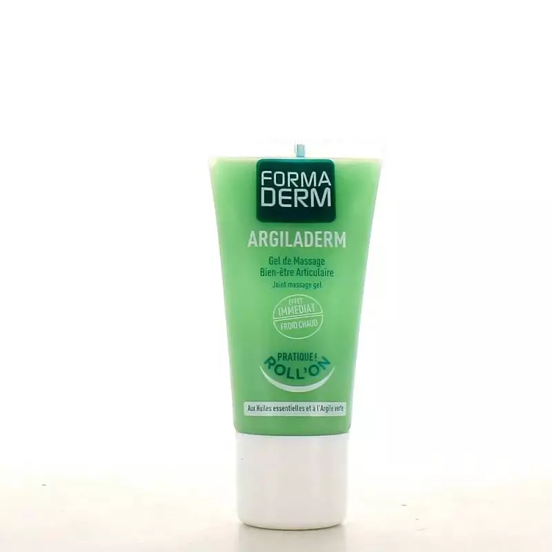 Vue de face du roll-on gel de massage Formaderm Argiladerm 50 ml avec étiquette verte et bouchon bla
