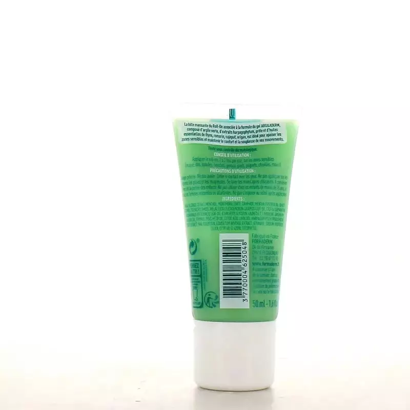 Verso du tube roll-on Formaderm Argiladerm avec ingrédients, mode d'emploi, code-barres et volume 50