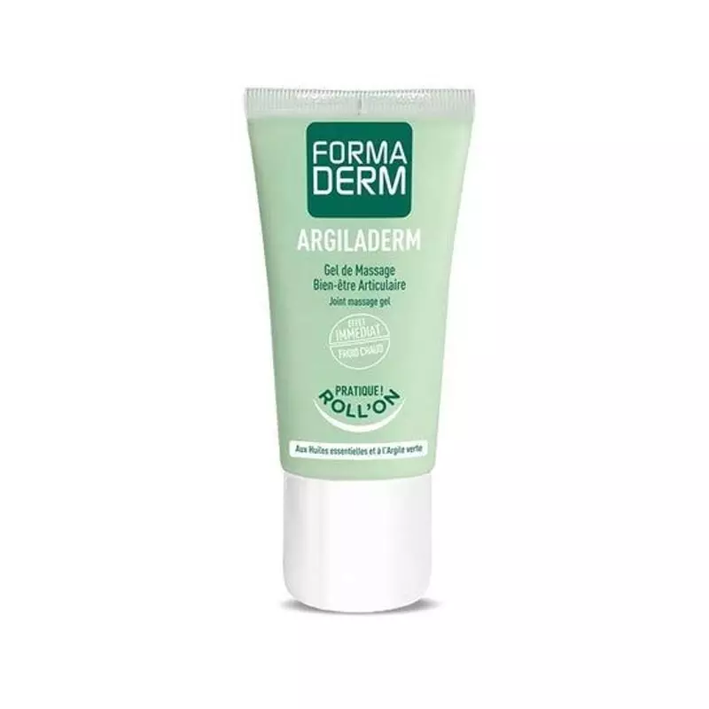 Packshot studio du roll-on gel de massage articulaire Formaderm Argiladerm 50 ml, packaging vert et 