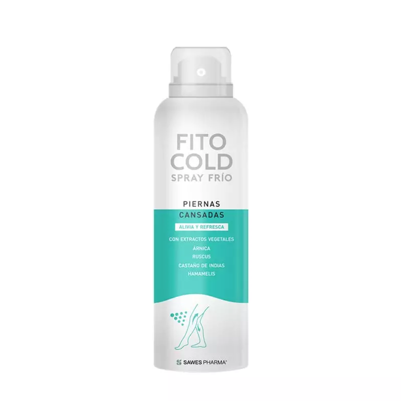 Flacon spray Fitocold blanc 200 ml de Sawes Pharma, étiquette bleu-vert, jambes lourdes et extraits 