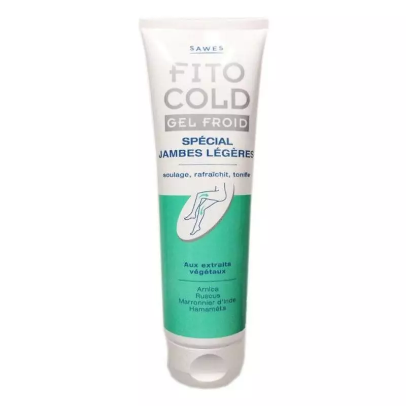 Tube Sawes Fitocold Gel Froid 250 ml, emballage blanc et vert avec illustration de jambe et extraits