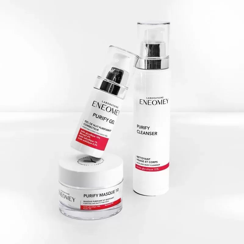 Gamme Eneomey Purify : Gel Purify, Masque Purify 10 et nettoyant Purify 100 ml sur fond blanc