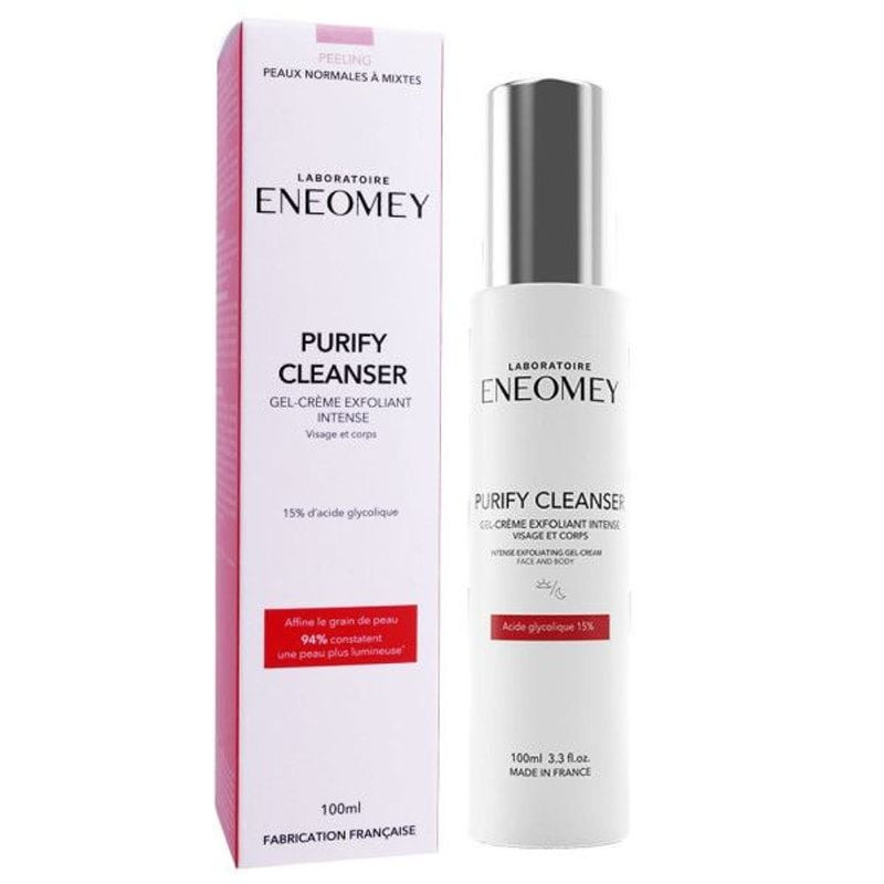 Flacon Eneomey Purify nettoyant 100 ml à côté de sa boîte en carton blanche et rose indiquant 15 % d