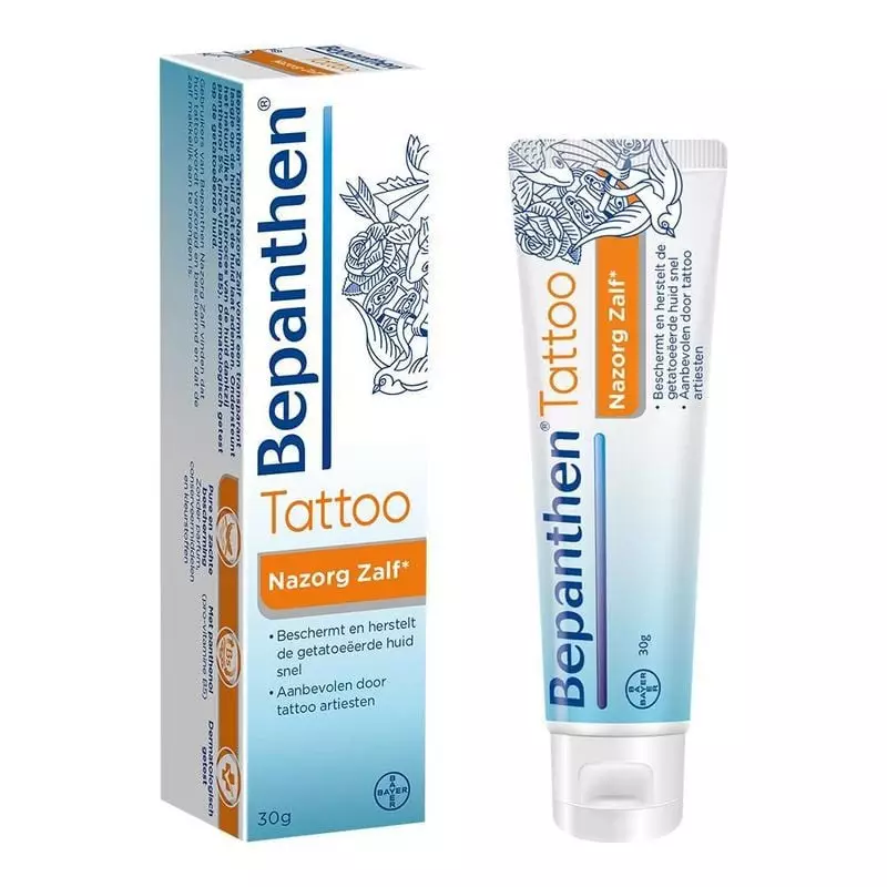 Boîte et tube néerlandais Bepanthen Tattoo Pommade après-tatouage 30 g avec illustrations de tatouag