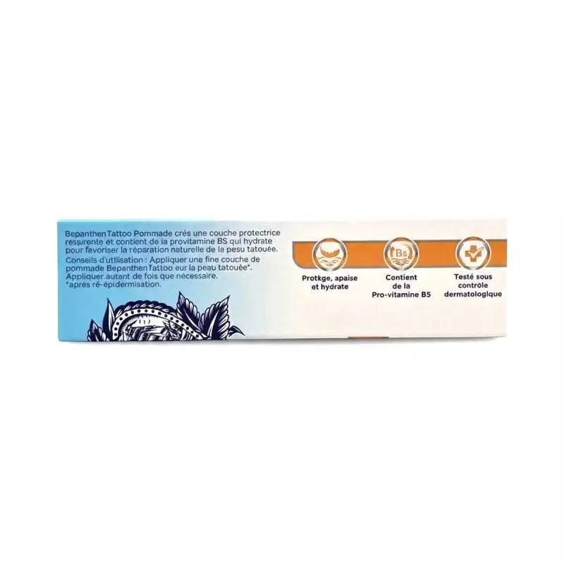 Dos de la boîte Bepanthen Tattoo Pommade avec bienfaits et icônes : hydratation, pro-vitamine B5 et 