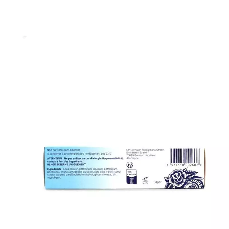 Dos de la boîte Bepanthen Tattoo Pommade 30 g : ingrédients, avertissements d’utilisation, code-barr