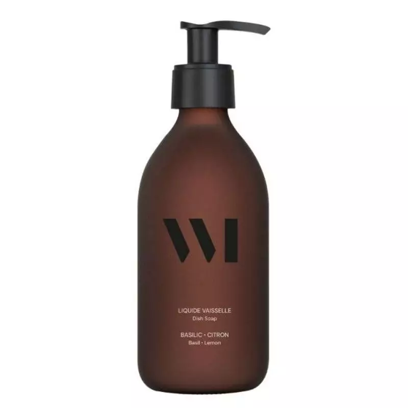 Liquide vaisselle What Matters Basilic Citron 290 ml, flacon pompe ambré, pompe noire, logo W minima