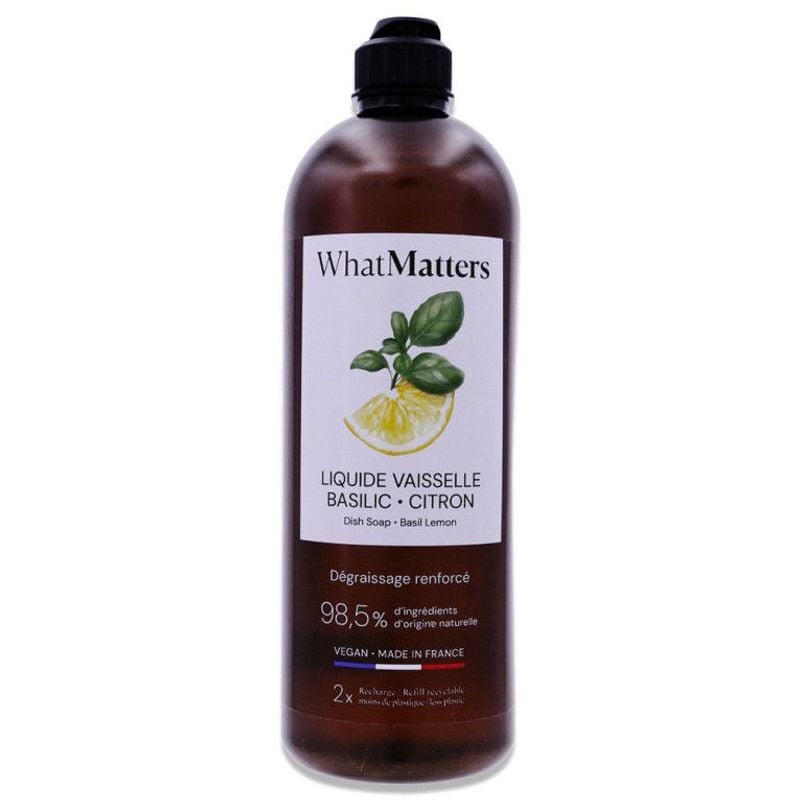 Recharge éco ambrée WhatMatters liquide vaisselle basilic citron, 400 ml, bouchon noir, étiquette bl