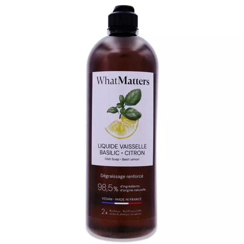 Recharge éco ambrée WhatMatters liquide vaisselle basilic citron, 400 ml, bouchon noir, étiquette bl