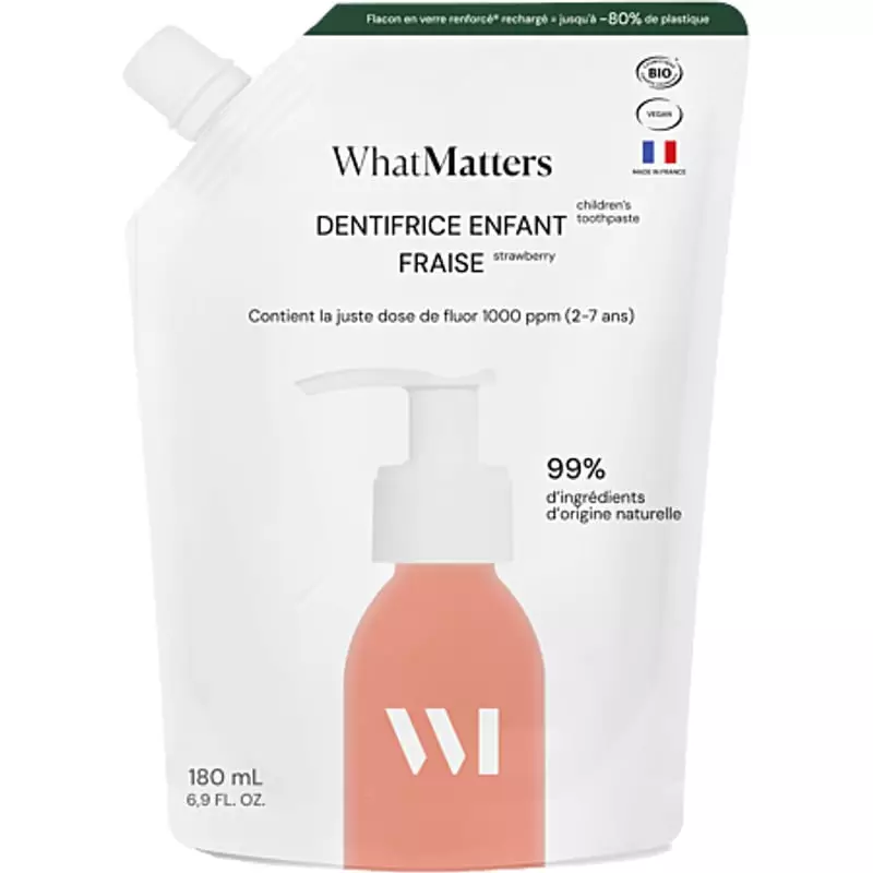 WhatMatters Dentifrice enfant bio fraise recharge - 180ml, packshot de la recharge éco-responsable.