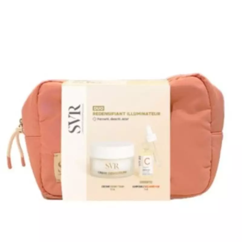 Packshot du coffret SVR Trousse Duo Redensifiant Illuminateur - 50 ml + 10 ml avec crème et ampoule 