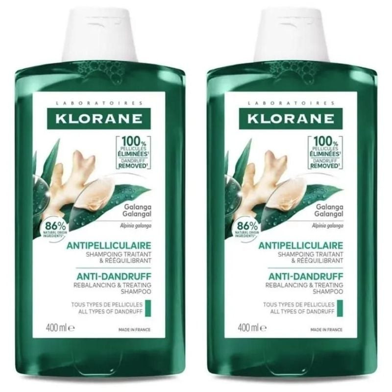 Packshot du lot Klorane Shampoing Galanga anti-pelliculaire 2x400ml, deux flacons pour cheveux sans 