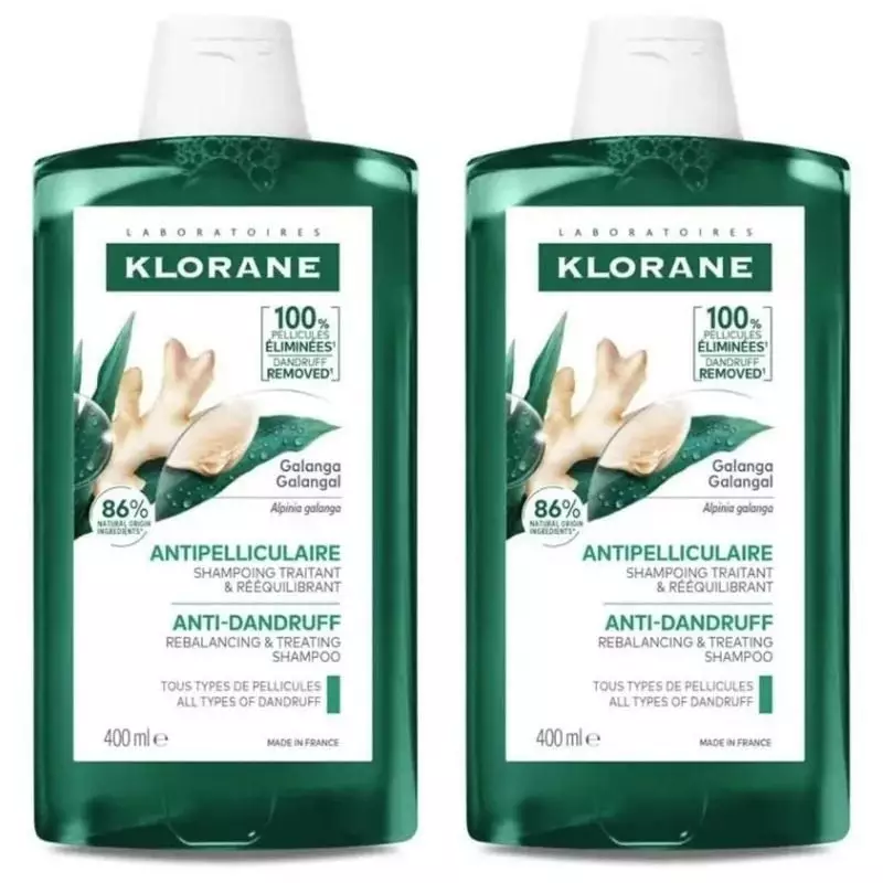 Packshot du lot Klorane Shampoing Galanga anti-pelliculaire 2x400ml, deux flacons pour cheveux sans 