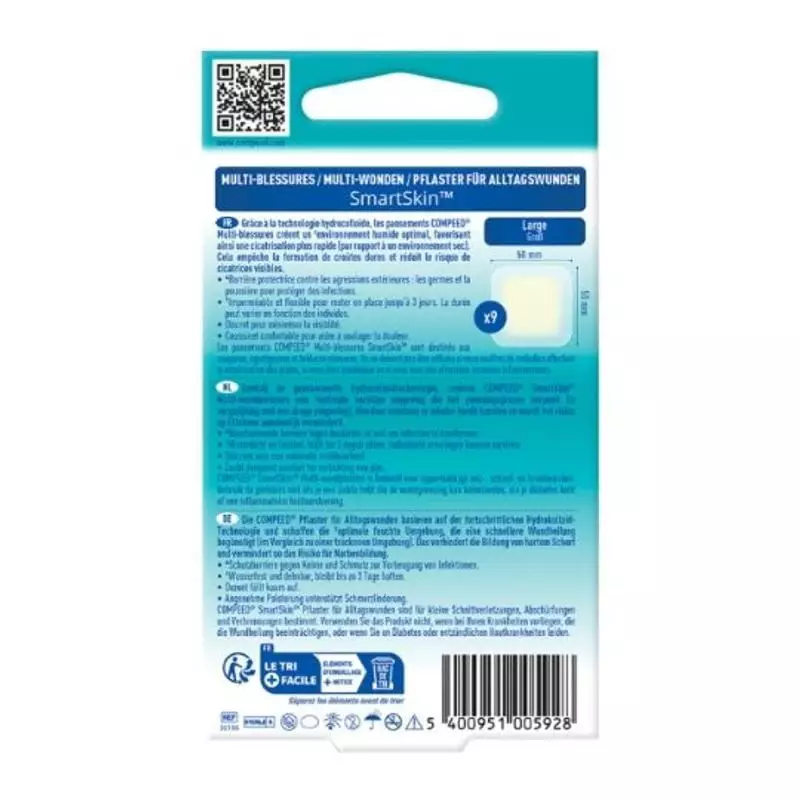 Dos de la boîte Compeed Multi-Blessures SmartSkin Large x9 avec instructions multilingues, dimension