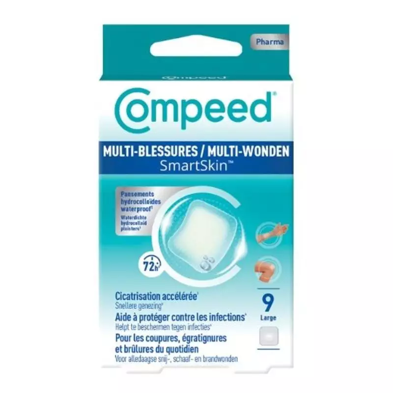 Face avant de la boîte Compeed Multi-Blessures SmartSkin Large x9, 9 grands pansements hydrocolloïde