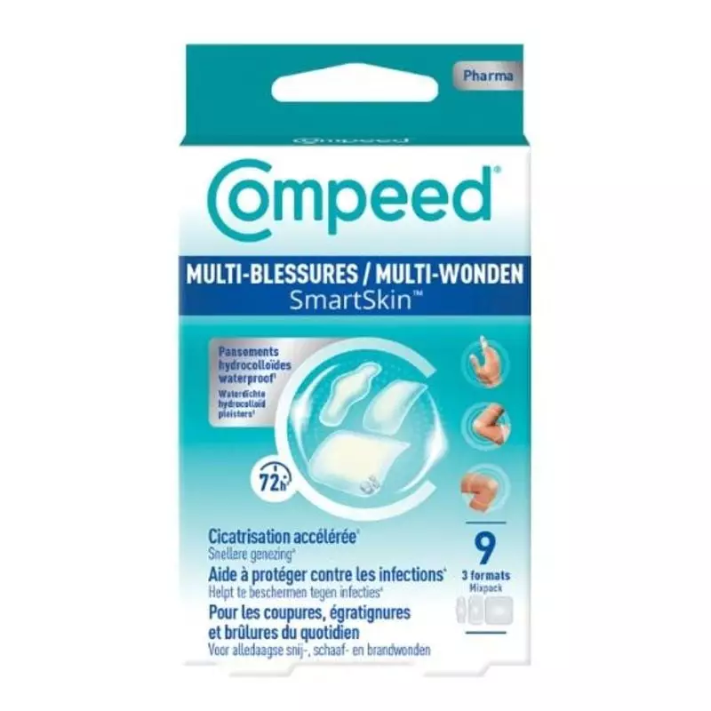 Boîte de pansements hydrocolloïdes Compeed SmartSkin Multi-Blessures, 9 pansements imperméables, 3 f