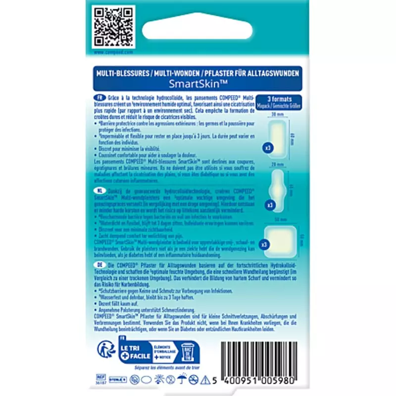 Dos de la boîte Compeed SmartSkin Multi-Blessures avec instructions multilingues, 3 tailles de panse