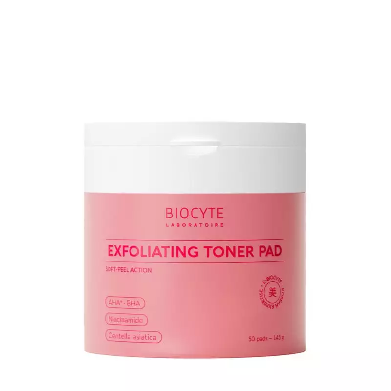 Pot de coussinets toniques exfoliants Biocyte rose et blanc, vue de face avec AHA-BHA, niacinamide e