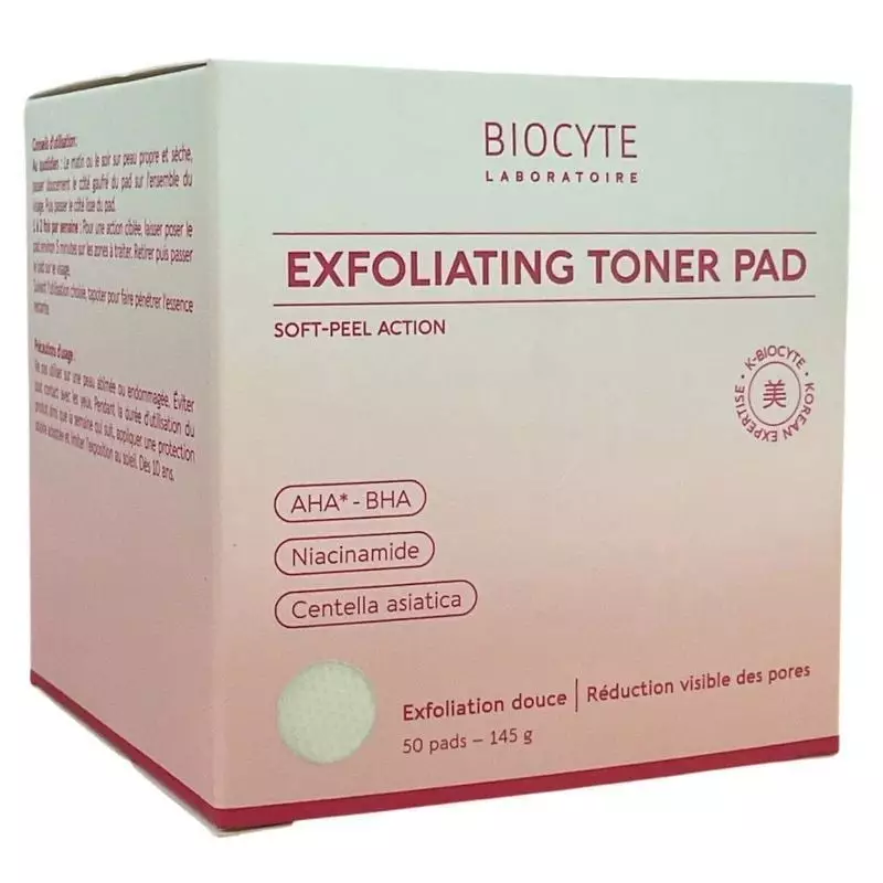 Vue arrière de la boîte de coussinets toniques exfoliants Biocyte : ingrédients, mode d'emploi et 50