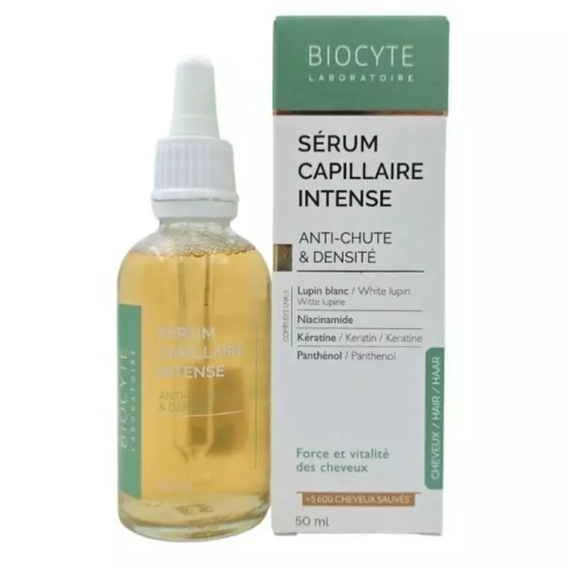 Flacon pipette Biocyte Sérum Capillaire Intense 50 ml près de sa boîte blanche et verte listant les 
